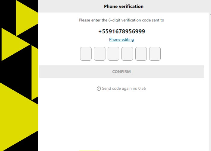 Para se registrar com Parimatch Digite o código de seis dígitos para verificação inicial