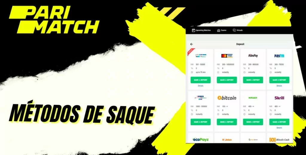 Para uma retirada rápida de dinheiro no Parimatch, existem todos os sistemas de pagamento populares